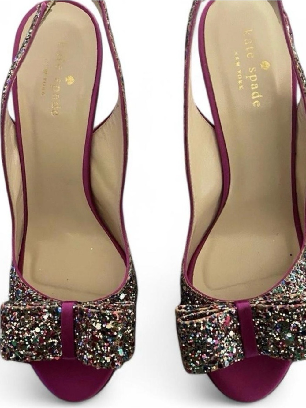 kate spade Fuchsia Peep-Toe Slingback Heels with Multicolor Glitter Bow